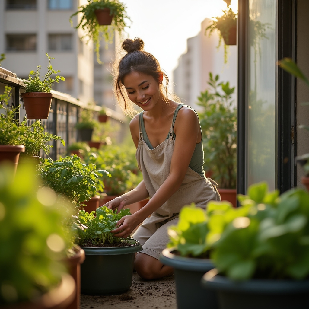 Balcón urbano con cultivos en contenedores y sistema hidropónico casero